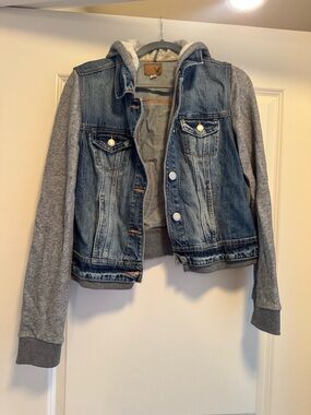 American Eagle Outfitters Blue Denim Jacket with Gray Hoodie Sleeves